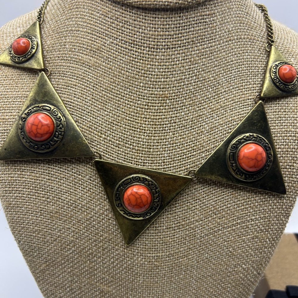 Bold Vintage Triangle Brassy toned necklace with faux orange turquoise cabochons